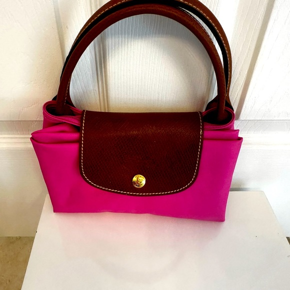 LongChamp LE Pliage Pink Small Nylon Canvas & Leather Trim Tote Travel Bag π - Picture 3 of 17